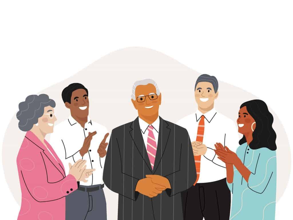 Group of smiling positive office workers standing