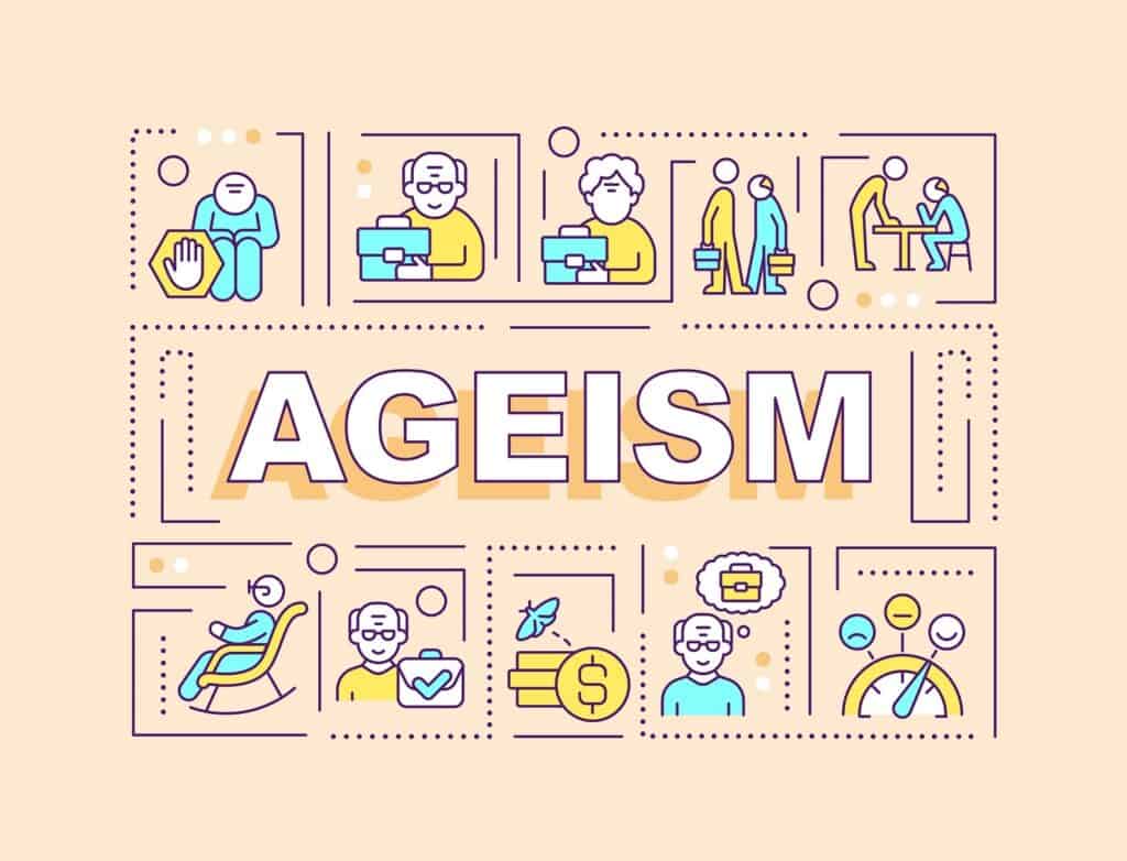 Ageism text with multicolor thin line icons