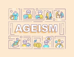 Ageism text with multicolor thin line icons