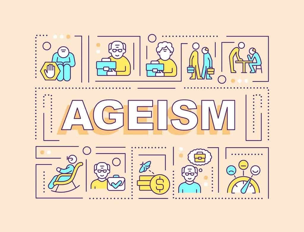 Ageism text with multicolor thin line icons