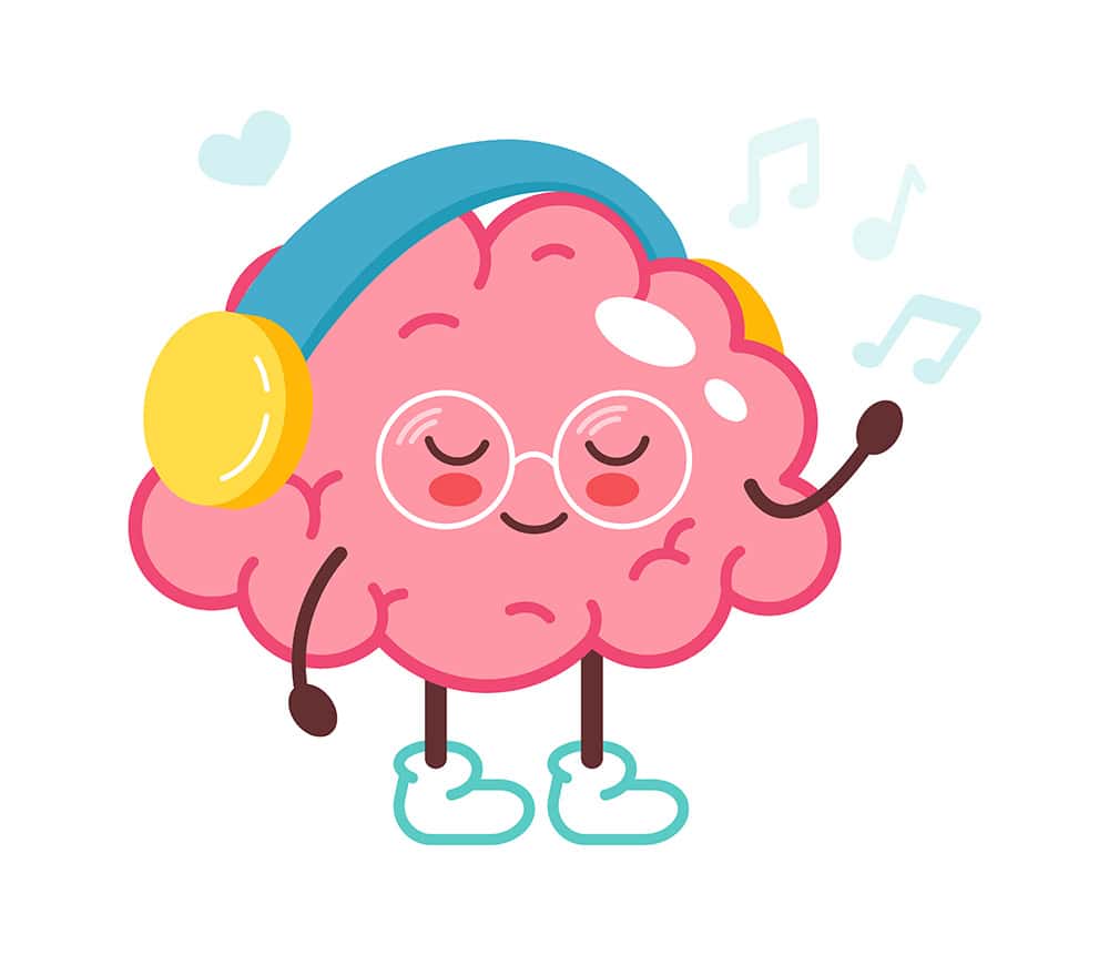 Cartoon brain listens to music. Vector illustration