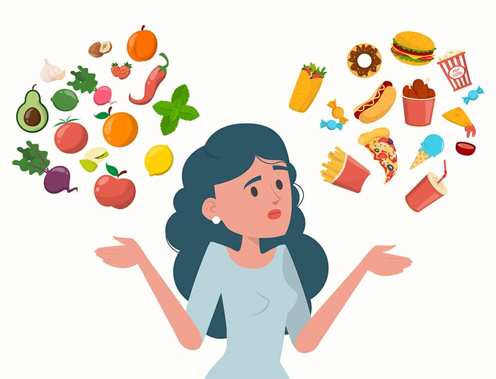 Woman choosing between healthy and unhealthy food