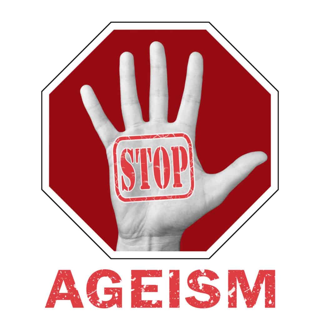 stop ageism conceptual illustration open hand with text stop ageism global social problem