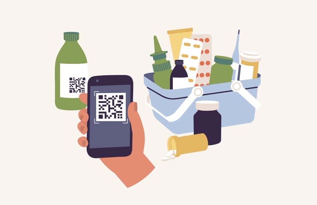 illustration of hand holding mobile phone and scanning a QR code on a bottle